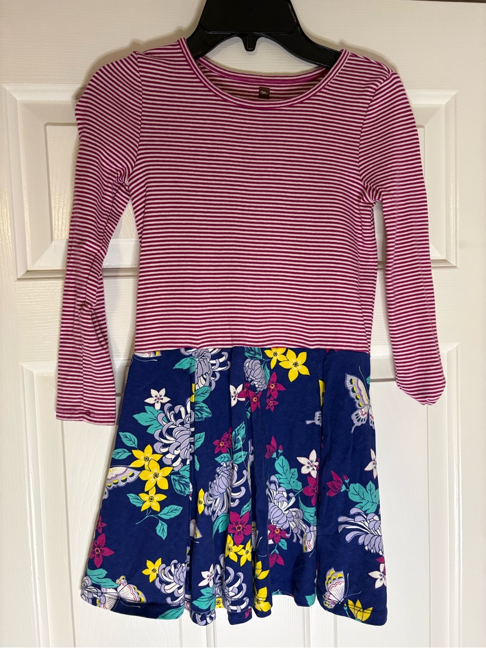 Tea Collection Pink Stripe Top with Navy Floral Skirt Dress
